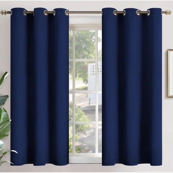4 Pc Semi Sheer Grommet Short Window Panel Curtains 28.5Wx24”L Navy Blue Texture - Picture 1 of 3